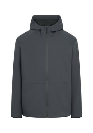 Dunkelgraue Kapuzenjacke aus glattem, leichtem Stoff mit einem Frontreißverschluss und zwei unteren Taschen; auf dem Ärmel befindet sich ein dezentes Logo.