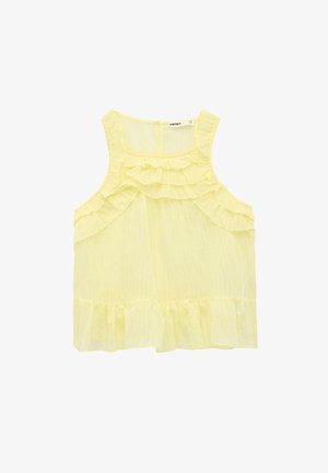 Blusa sin mangas de color amarillo pálido con volantes en capas en el frente y en el dobladillo, escote cuadrado y tela ligera y texturizada.