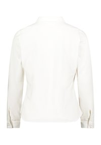 Weißes Langarmshirt mit Kragen, glattem Stoff, leicht abgerundetem Saum und geknöpften Ärmeln, die an den Manschetten mit einem kleinen Akzent versehen sind.