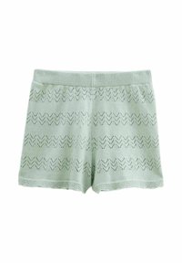 Shorts en tricot vert menthe avec un motif en zigzag et des détails en dentelle à cils à l'ourlet. Texture douce et taille élastique pour le confort.