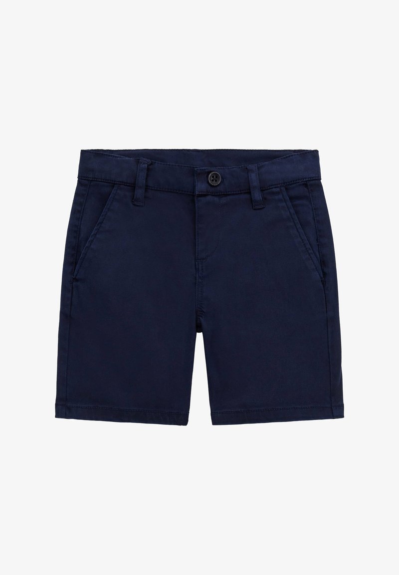 Marina blå bomullsshorts med knappknäppning, framfickor och en slät textur. Har en klassisk design och rak skärning.