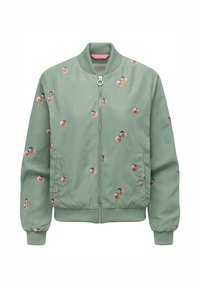 Jasnozielona kurtka bomberka z prążkowanym kołnierzem, mankietami i dolnym wykończeniem, ozdobiona małym, wielokolorowym haftem kwiatowym i zamkiem błyskawicznym z przodu.