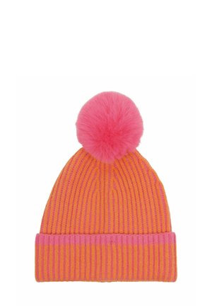 Orange and pink ribbed knit beanie with a large fluffy pink pom-pom on top and a folded brim.