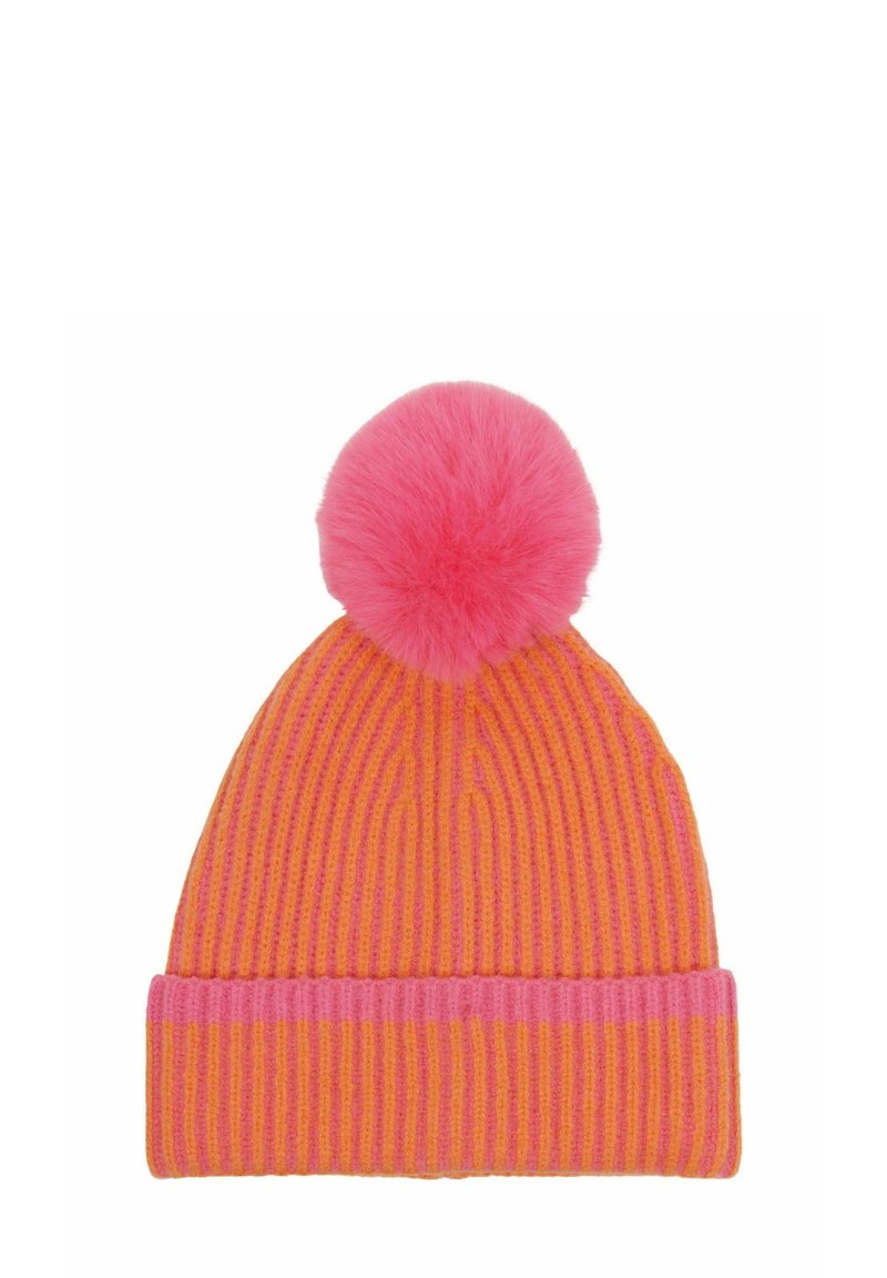Orange and pink ribbed knit beanie with a large fluffy pink pom-pom on top and a folded brim.