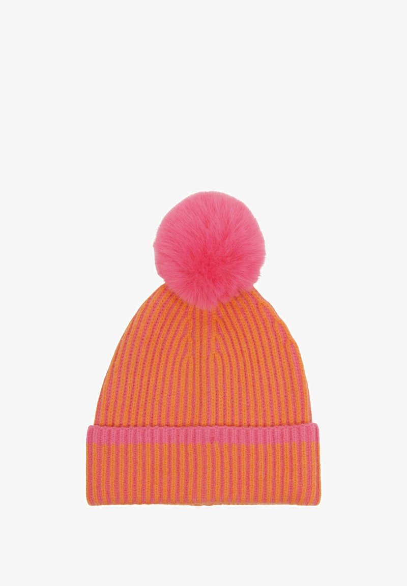 Orange and pink ribbed knit beanie with a large fluffy pink pom-pom on top and a folded brim.