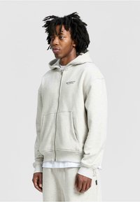 Light gray zip-up hoodie with a front pocket, adjustable hood, and ribbed cuffs. Features a small logo on the chest. Soft fabric texture.
