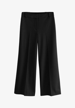 Schwarze weit geschnittene Hosen aus glattem Stoff, mit hoher Taille und vorderen Falten für zusätzlichen Stil und Form.