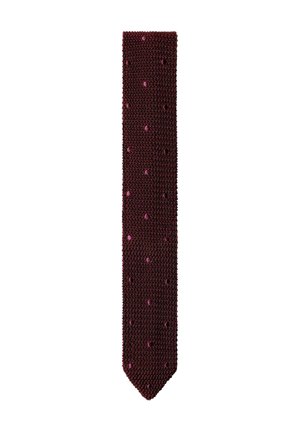 Corbata de punto color burdeos oscuro con pequeños lunares en relieve distribuidos uniformemente a lo largo de toda su longitud sobre un fondo blanco.
