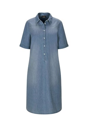 Robe en denim bleu à manches courtes avec col et boutons à l'avant, longueur au genou, style simple et décontracté.