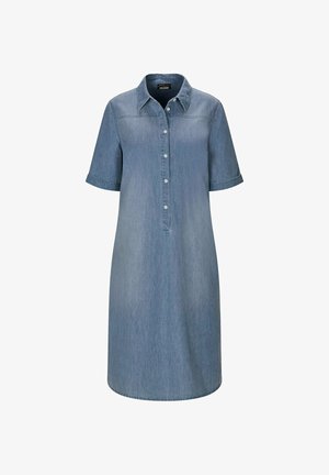 Short-sleeve blue denim dress with collar and front buttons, knee-length, simple and casual style.