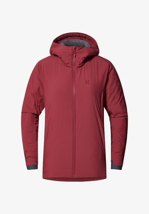 Czerwona ocieplana kurtka z kapturem, z zamek błyskawicznym na całej długości i szarymi akcentami. Gładki materiał zewnętrzny o lekko wypukłej fakturze.