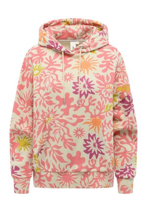 Hettegenser med kengurulomme, med et flerfarget abstrakt blomsterdesign i rosa, lilla, oransje og gult på kremfarget stoff.