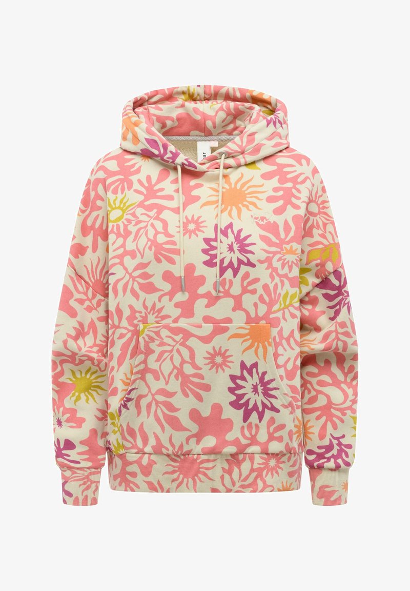 Hoodie met kangoeroezak, voorzien van een meerkleurig abstract bloemenpatroon in roze, paars, oranje en geel op crèmekleurige stof.