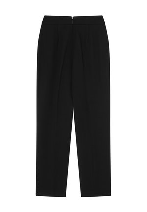 Pantaloni neri con una vestibilità a gamba dritta, dotati di una zip nascosta e due pieghe frontali. Realizzati in tessuto morbido, senza motivi o dettagli aggiuntivi.