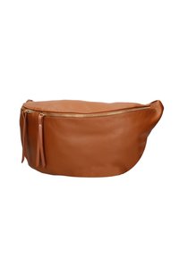 Borsa in pelle marrone con una texture liscia, forma ovale e chiusura con zip dorata. Presenta due nappine in pelle attaccate alla zip.