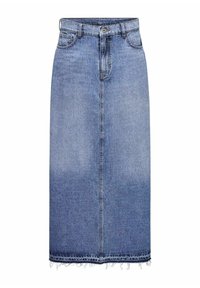 Högmidjad, ljusblå denim midi kjol med främre knapp och dragkedja, fem fickor, rak skärning och fransad kant.