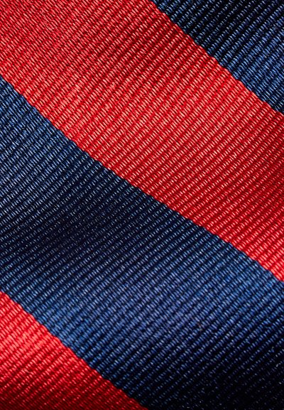 Υφάσμα με διαγώνιες ρίγες σε κόκκινο και ναυτικό μπλε, με λείο, ελαφρώς υφασμένο επιφάνεια και ομοιόμορφο μοτίβο σε όλο το μήκος.