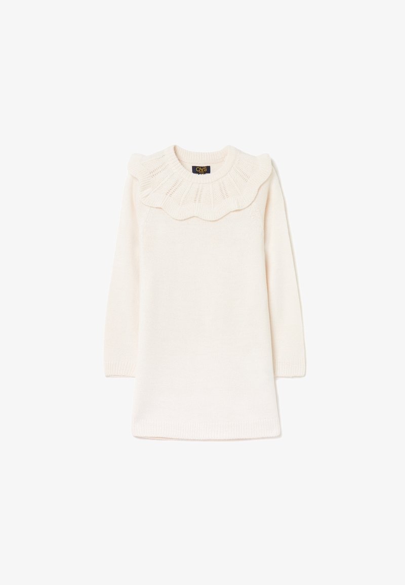 Robe pull en maille crème à manches longues avec un empiècement volanté et des poignets et ourlet côtelés.