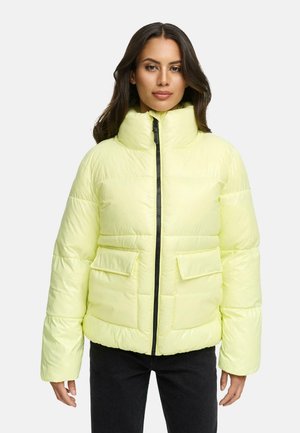 Padded jacket in bright yellow with a high collar, front zipper, and two large patch pockets. Features a smooth, shiny texture.