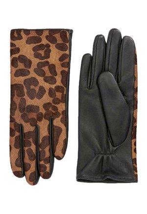 Paire de gants pour femmes avec un tissu imprimé léopard marron et brun foncé sur un côté et un cuir noir lisse sur l'autre côté.