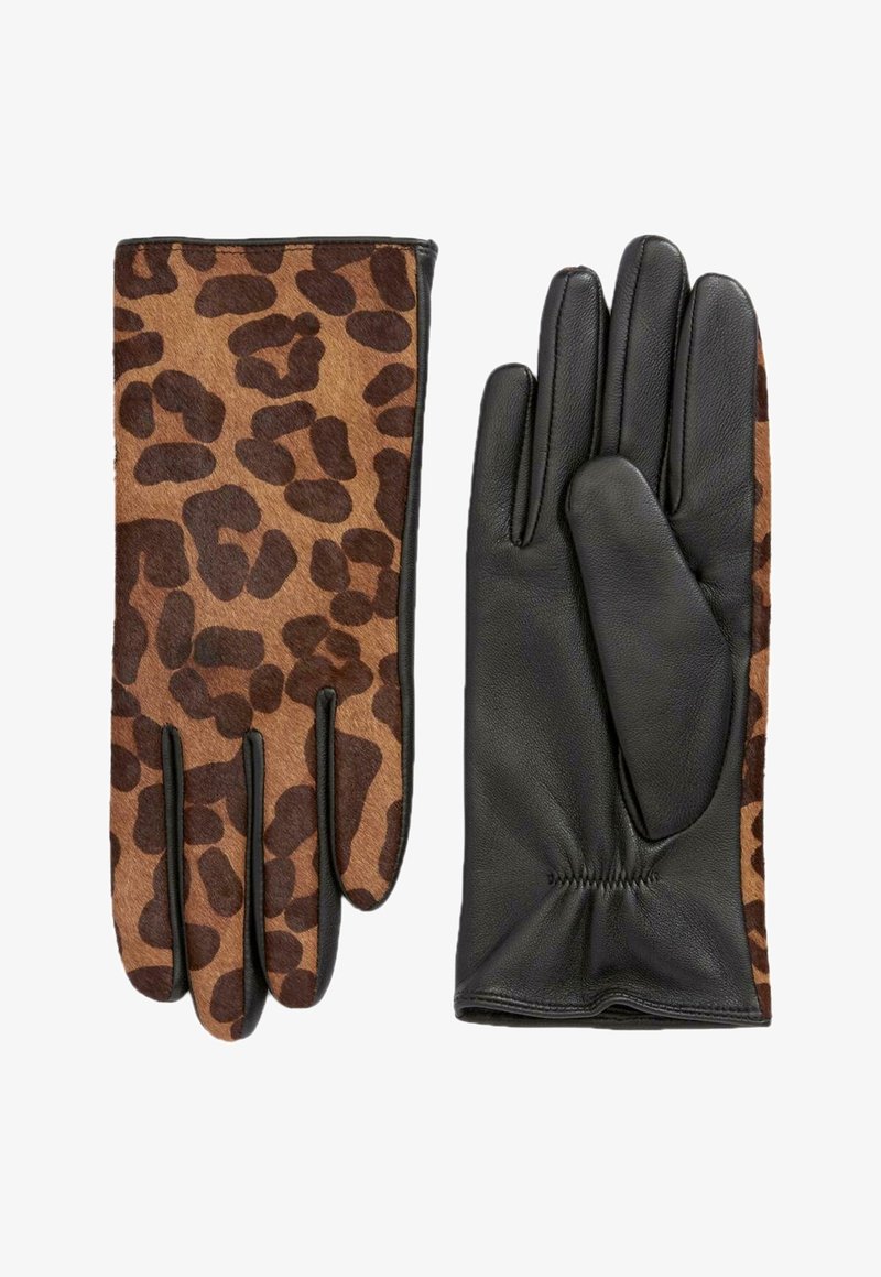 Paire de gants pour femmes avec un tissu imprimé léopard marron et brun foncé sur un côté et un cuir noir lisse sur l'autre côté.