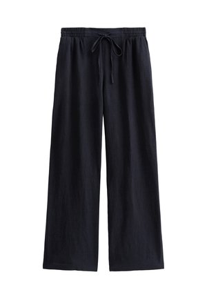 Pantalon noir ample avec taille élastique et cordon de serrage à l'avant, présenté sur fond blanc.