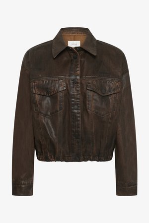 Dark brown cropped denim jacket with button closure, two front flap pockets, long sleeves, and a classic collar.