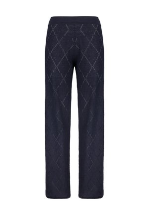 Marinblå stickade byxor med diamantmönster, bred midja och rak bendesign, som erbjuder en mjuk textur med lätt genomskinlighet.