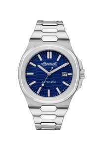 Automatische horloge van roestvrij staal met een blauw patroon op de wijzerplaat, zilveren uurmarkeringen en een datumaanduiding. Voorzien van een hexagonale schakelarmband.