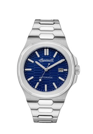 Montre automatique en acier inoxydable avec un cadran bleu à motif, des index horaires argentés et une fenêtre de date. Équipée d'un bracelet en maillons hexagonaux.