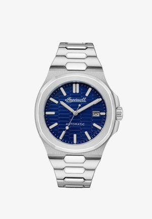 Automatische Armbanduhr aus Edelstahl mit einem blauen gemusterten Zifferblatt, silbernen Stundenmarkierungen und einem Datumsfenster. Verfügt über ein sechseckiges Gliederarmband.