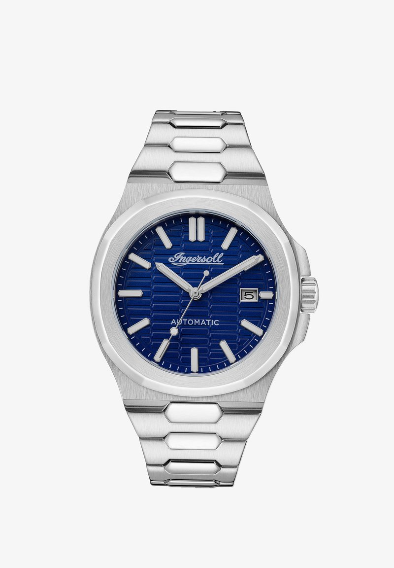 Automatische horloge van roestvrij staal met een blauw patroon op de wijzerplaat, zilveren uurmarkeringen en een datumaanduiding. Voorzien van een hexagonale schakelarmband.