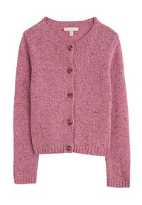 Różowy kardigan w kropki z okrągłym dekoltem, długimi rękawami i brązowym zapięciem na guziki. Żebrowane mankiety i dół dodają tekstury do projektu.