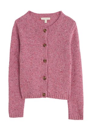 Cardigan rosa macchiato con colletto rotondo, maniche lunghe e chiusura con bottone marrone. L'orlo e i polsini a coste aggiungono texture al design.