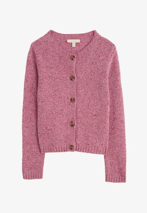 Cardigan rosa macchiato con colletto rotondo, maniche lunghe e chiusura con bottone marrone. L'orlo e i polsini a coste aggiungono texture al design.