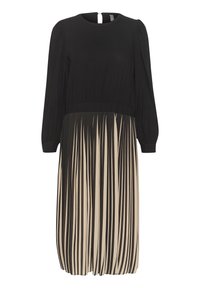 Svart långärmad klänning med rund halsringning. Överdelen har ett enfärgat svart tyg, medan kjolen har en plisserad design i krämfärgat och svart randigt mönster.