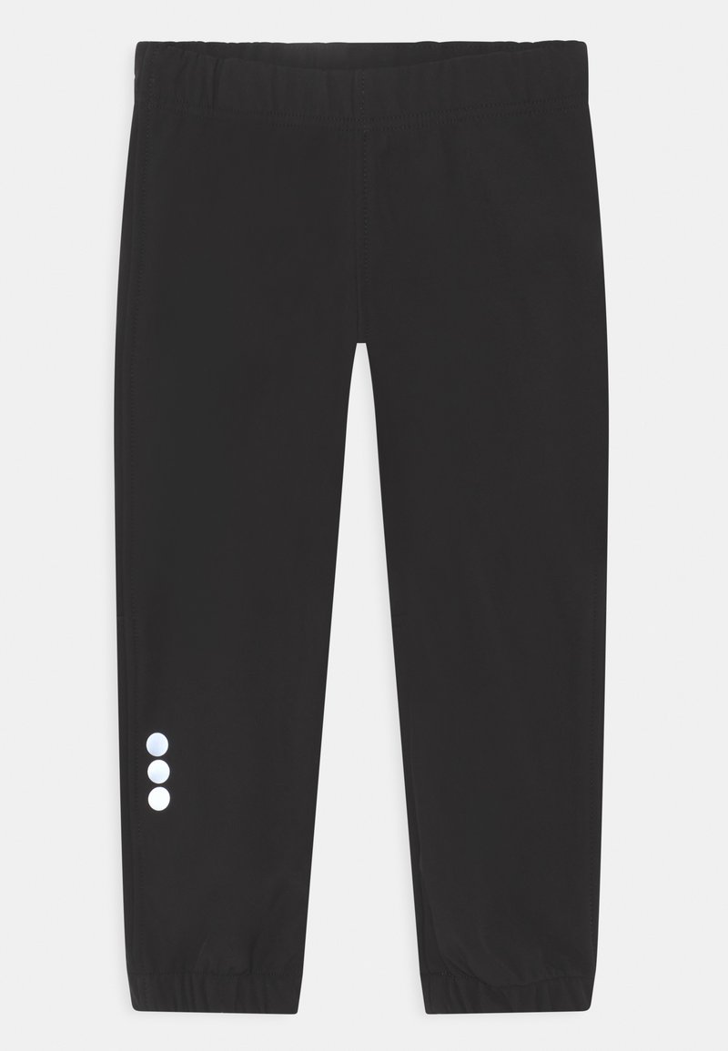 Black athletic pants with an elastic waistband, tapered design, and three white accent buttons on the left leg near the hem. Smooth texture.