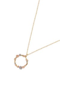 Gold chain necklace featuring a circular pendant decorated with small pink, purple, and green flowers, with a textured design.