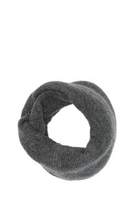 Gray knitted infinity scarf with a soft texture and subtle glitter accents, featuring a circular shape and a twisted design.