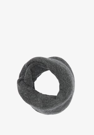 Gray knitted infinity scarf with a soft texture and subtle glitter accents, featuring a circular shape and a twisted design.