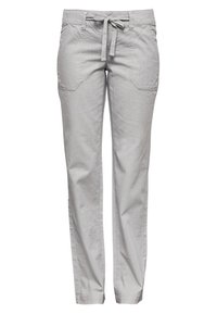 Pantalons en coton gris clair avec une taille à cordon, deux poches avant et une coupe décontractée. Le tissu a une texture douce et une finition lisse.