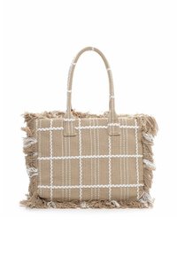 Tkany beżowy torba na ramię z białym wzorem w kratę, frędzlami na krawędziach i dwoma uchwytami. Materiał wydaje się teksturowany i strukturalny.