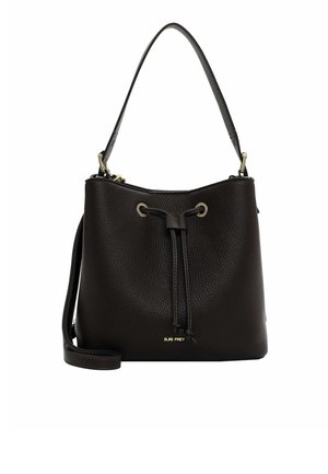 Black leather bucket bag with drawstring closure, a flat handle, and adjustable shoulder strap. Gold-tone hardware accents.