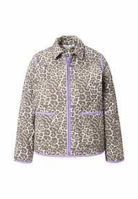 Bunda s leopardím potiskem, prošívaná, v odstínech hnědé a krémové, s fialovými lemovkami, límcem a dvěma předními kapsami.