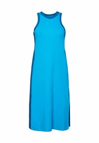 Robe sans manches bleu vif longueur genou avec des bordures bleu foncé autour des emmanchures, de l'encolure et des panneaux latéraux.