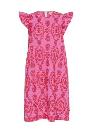 Roodroze jurk met rode bloemen- en geometrische borduursels, korte gerimpelde mouwen en een rits aan de achterkant. Katoenen stof met een ontspannen pasvorm.