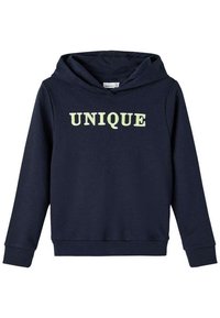 Sweat à capuche bleu marine en coton doux, avec un grand imprimé "UNIQUE" en vert clair sur le devant. Poignets et ourlet élastiques.