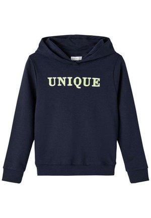 Sweat à capuche bleu marine en coton doux, avec un grand imprimé "UNIQUE" en vert clair sur le devant. Poignets et ourlet élastiques.