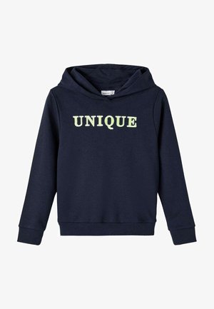 Sweat à capuche bleu marine en coton doux, avec un grand imprimé "UNIQUE" en vert clair sur le devant. Poignets et ourlet élastiques.