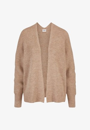 Beige Strick-Cardigan mit offenem Vorderteil, langen Ärmeln und gerippter Struktur, entworfen für eine entspannte, gemütliche Passform.